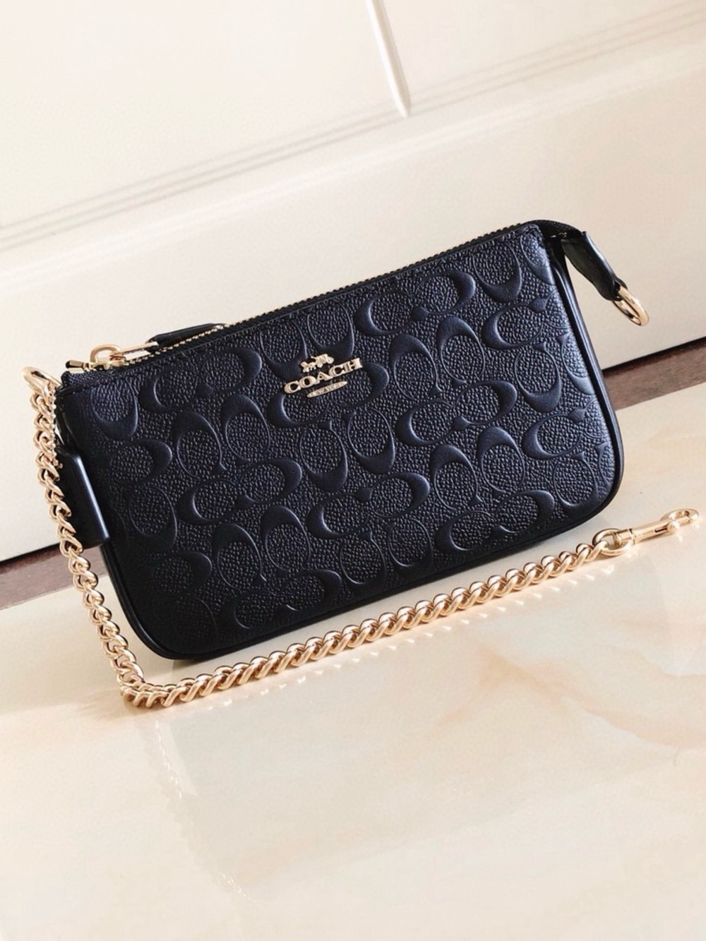 Coach Black Embossed Leather Wristlet with Gold Chain